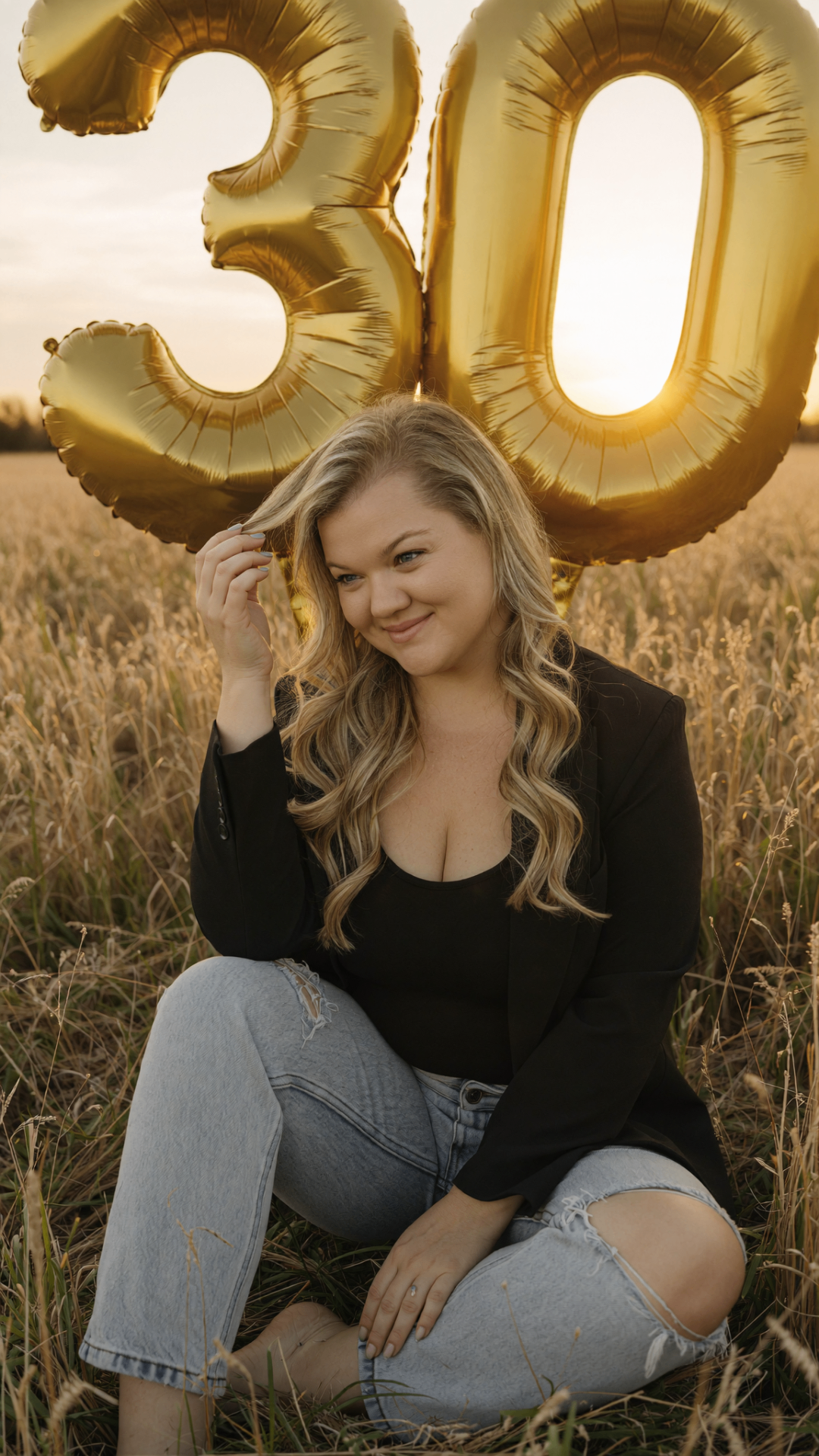 A close-up of a smiling woman in a wheat field at sunset