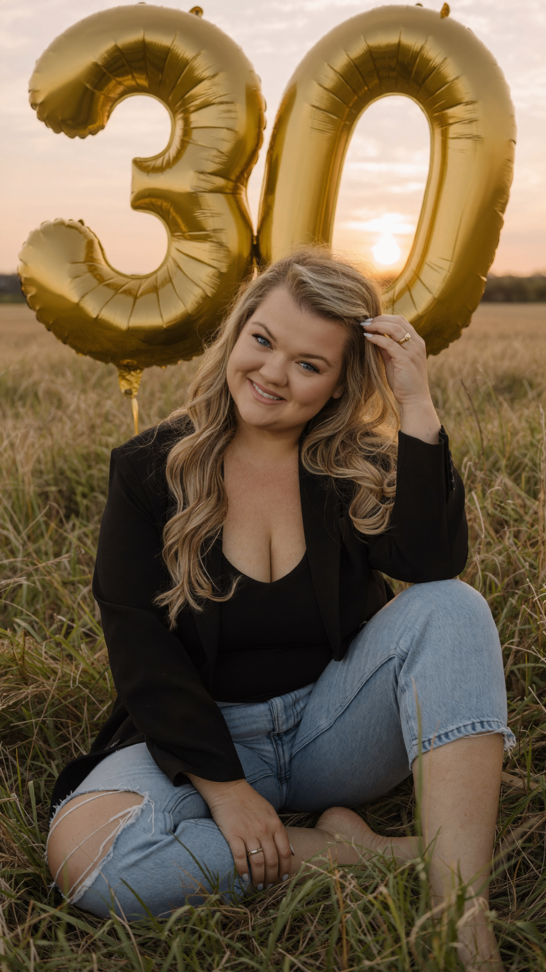 A woman in a cream blazer seated in a golden field with gold balloons