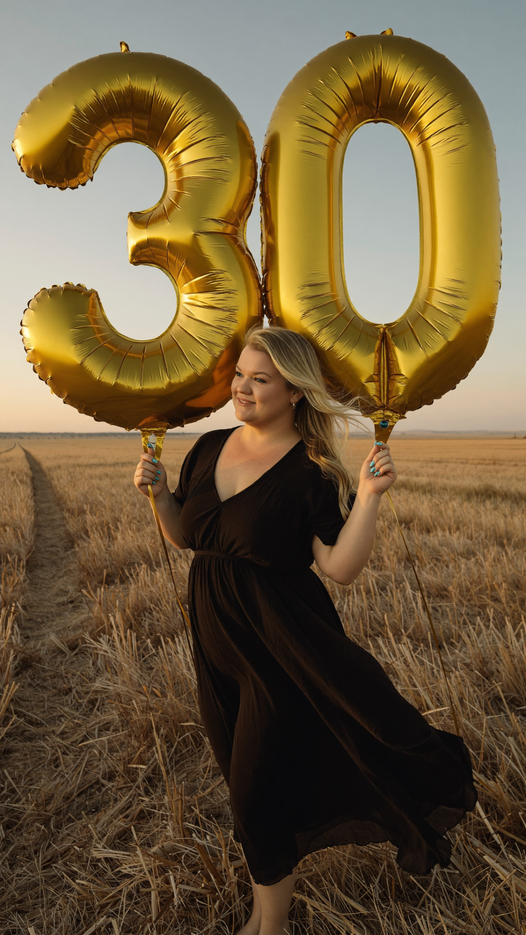 A woman in a fitted black dress holding giant gold 30 balloons