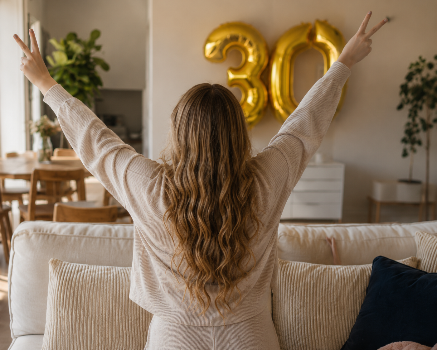 A young woman from behind in a cream sweater throwing up a peace sign at sunset